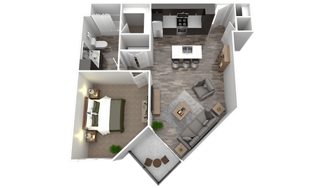Floor plan for 1 bed, 1 bath, 715 sqft